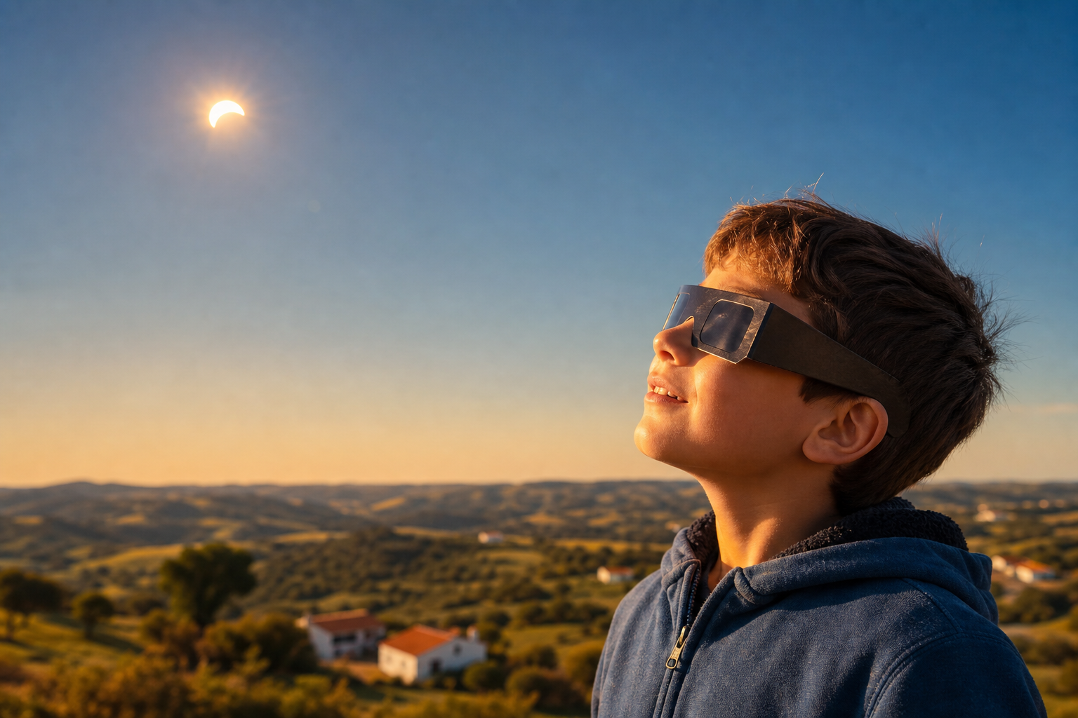 Criança com óculos de proteção a observar o eclipse solar de 2026